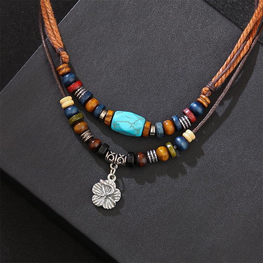 Ancient Tibetan Buddhist Red String Tradition Turquoise Small Flower Protection Double Layer Necklace Pendant Bracelet