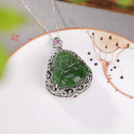 Buddha Energy Necklace 925 Sterling Silver Natural Hetian Cyan Jade Laughing Buddha Auspicious Clouds Success Necklace Pendant Ring Set