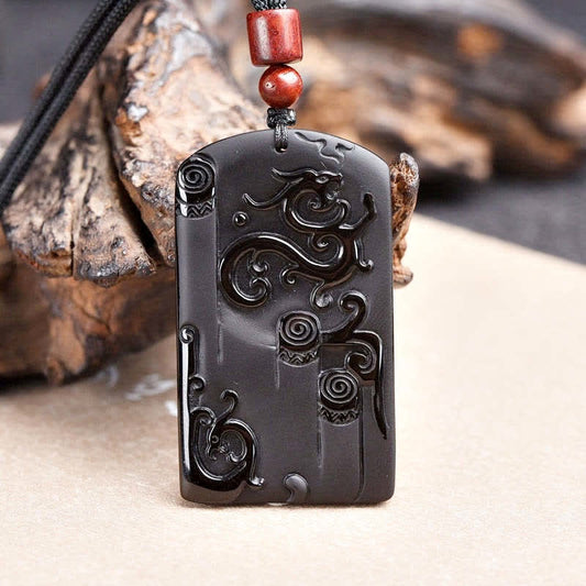 Spirituality Buddha Karma Black Obsidian Dragon Phoenix Success Necklace Pendant