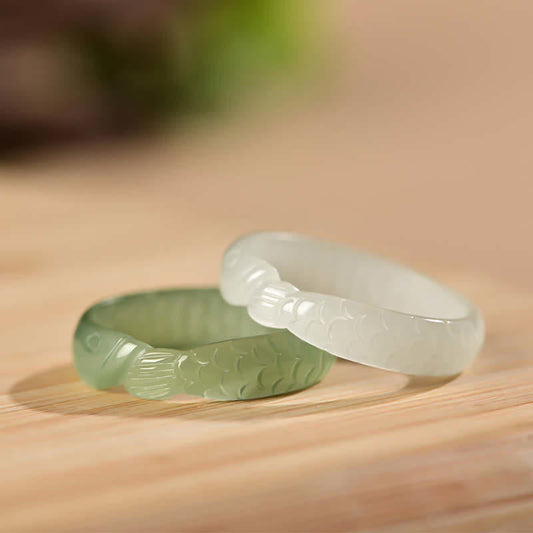 Jade Hetian White Jade Cyan Jade Koi Fish Success Luck Ring