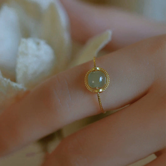 Jade 14K Gold Plated Round Jade Luck Prosperity Adjustable Ring