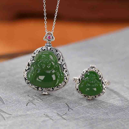 Spirituality 925 Sterling Silver Natural Hetian Cyan Jade Laughing Buddha Auspicious Clouds Success Necklace Pendant Ring Set