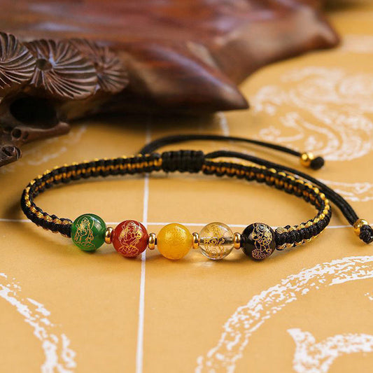 Ancient Tibetan Buddhist Red String Tradition Five Directions Gods of Wealth Agate Handmade Protection String Braid Bracelet