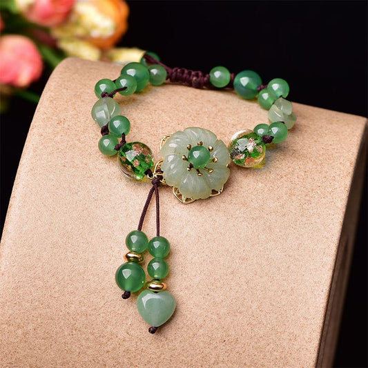 Spirituality Buddha Karma Natural Green Jade Luck Dangling Flower Bracelet