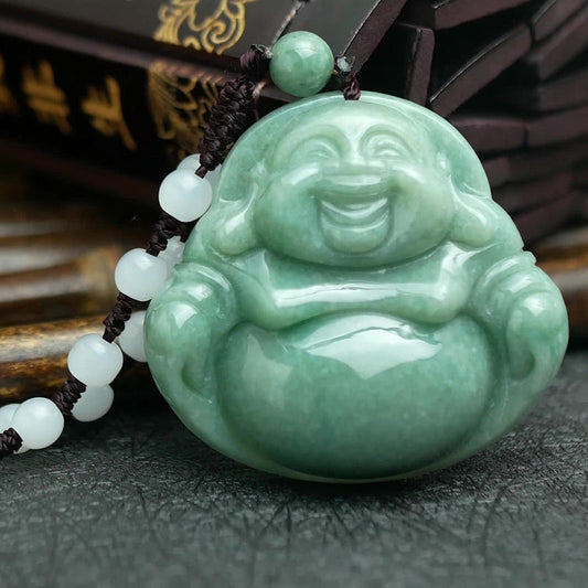 Jade Laughing Buddha Cyan Jade Harmony Necklace String Bead Pendant