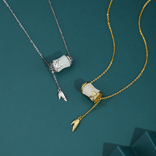 Jade 925 Sterling Silver 22K Gold Hetian White Jade Bamboo Leaf Luck Necklace Pendant Bracelet