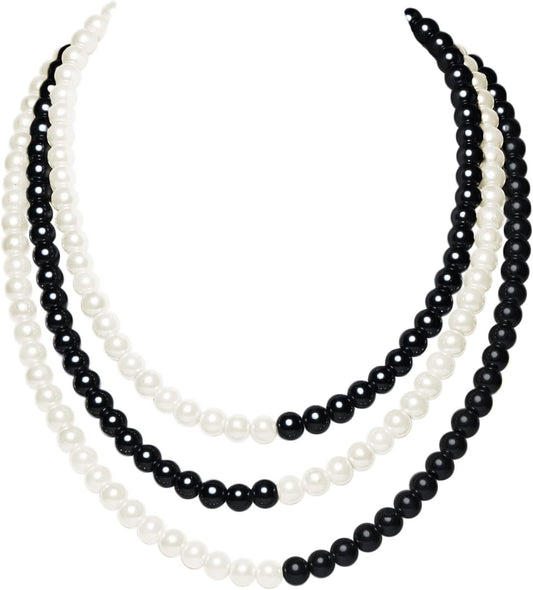Round Imitation Pearl Necklace Vintage Multi Strands Necklace 20s Flapper Necklace for Party (Black and White)