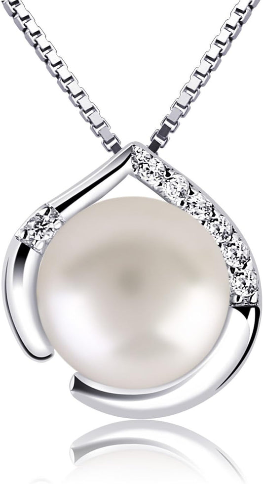 Women's Freshwater Pearl Necklace, 925 Sterling Silver, Detachable Pendant, 8mm Pearl, 45cm, Nickel-Free| Elegant Silver Necklace, Suitable for Everyday and Special Occasions | Gift Box