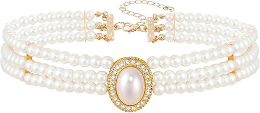Long Pearl Choker Necklace - Faux Pearl Chain Necklace Pearl Jewelry Set for Women 20s Flapper Accessories