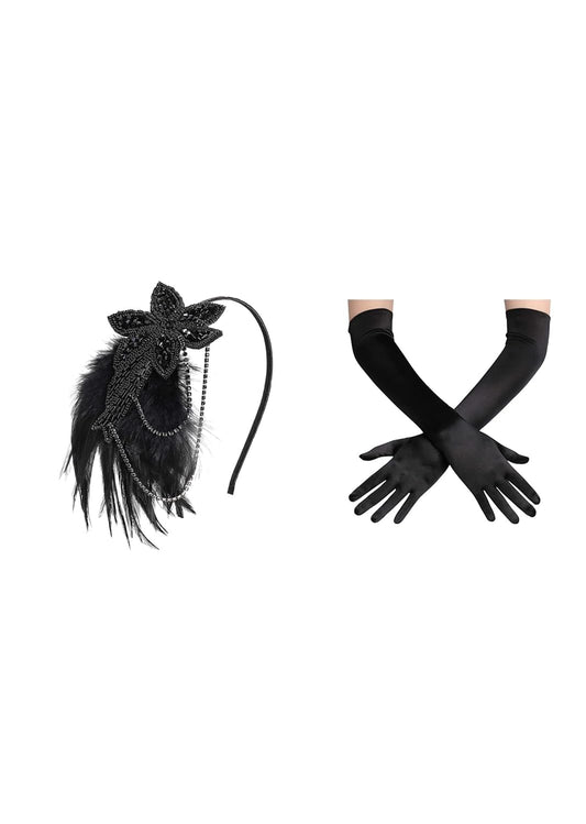 1920s Flapper Feather Beaded Headband Great Gatsby Hair Accessory for Party with Long Satin Opera Gloves Elbow Length