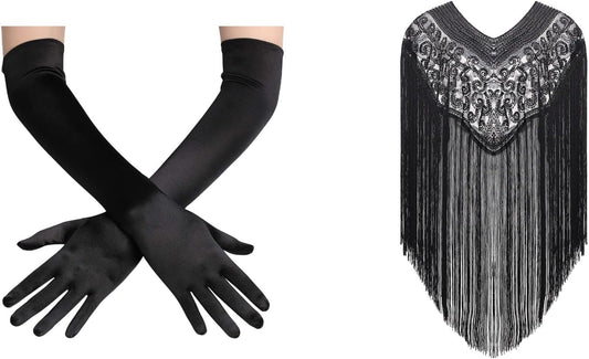 Long Opera Party 1920s Satin Tea Party Gloves and Shawl Wraps Long Fringed Evening Cape Sequin Beaded Party Shawl