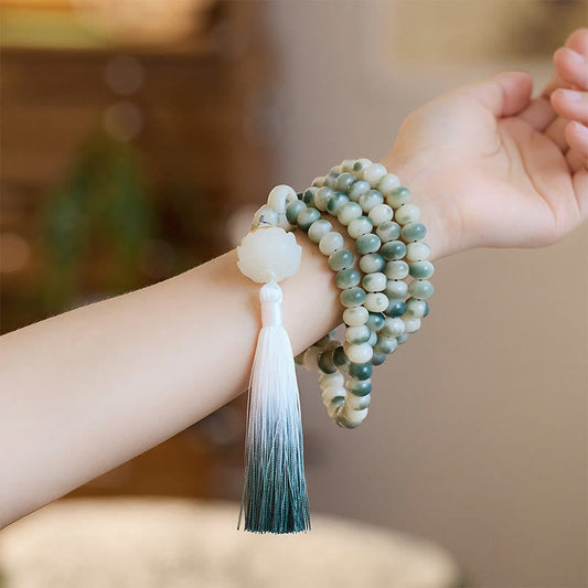 Spirituality Buddha Karma Natural 108 Mala Beads Bodhi Seed Lotus Engraved Wisdom Tassel Bracelet