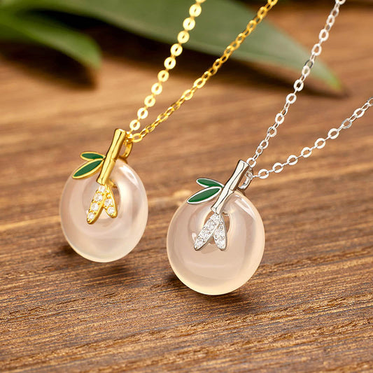 Jade 925 Sterling Silver Natural Chalcedony Bamboo Leaf Peace Buckle Positive Necklace Pendant