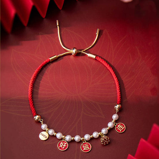 Ancient Tibetan Buddhist Red String Tradition Good Luck Pearl Lotus Charm Braided Red Rope Bracelet
