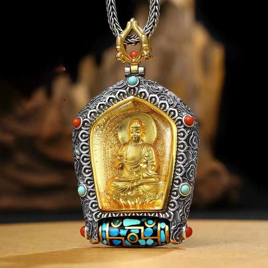 Spirituality Tibet Chinese Zodiac Natal Buddha Thangka Prosperity Rotatable Dzi Bead Necklace Pendant