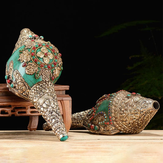 Spirituality Tibetan Handmade Engraved Shankha Double Dorje Buddha Conch Shell Wealth Positive Decoration