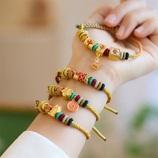 Ancient Tibetan Buddhist Red String Tradition Year of the Dragon Koi Fish Mahjong Dice Peach Blossoms Copper Coin Luck Braided Bracelet