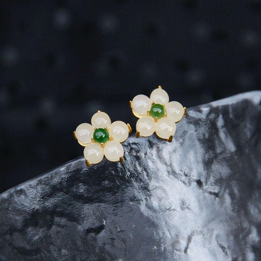 Jade White Jade Flower Luck Blessing Stud Earrings