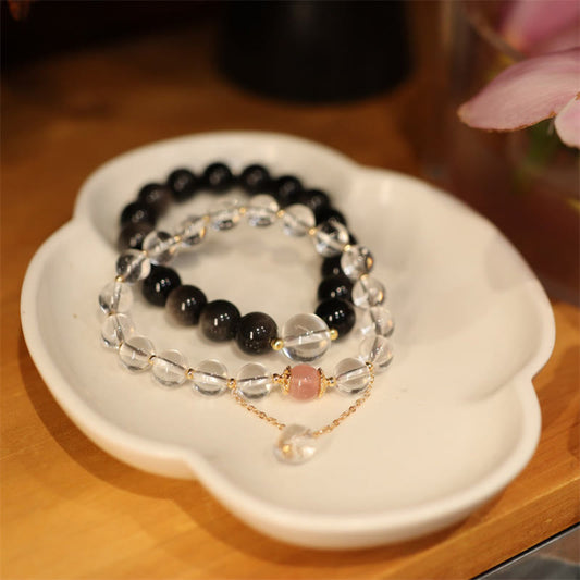 Spirituality Buddha Karma Natural Silver Sheen Obsidian Pink Crystal White Crystal Protection Yin Yang Color Couple Bracelet