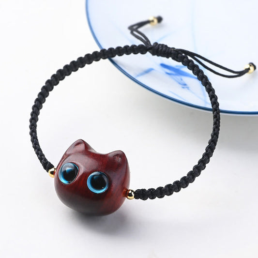Ancient Tibetan Buddhist Red String Tradition Small Leaf Red Sandalwood Ebony Wood Cute Cat Head Calm Protection Braided Bracelet