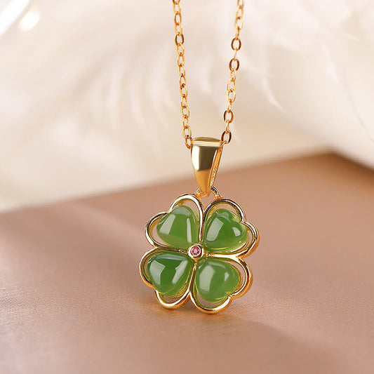 Jade 925 Sterling Silver Hetian Cyan Jade Lucky Four Leaf Clover Healing Necklace Pendant
