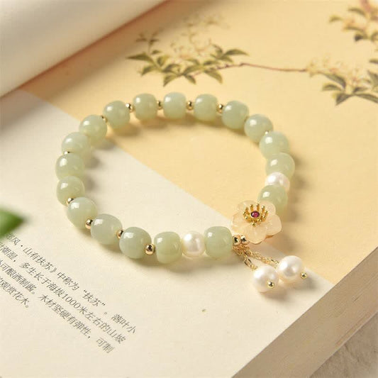Jade Hetian Jade Flower Pearl Happiness Abundance Bracelet