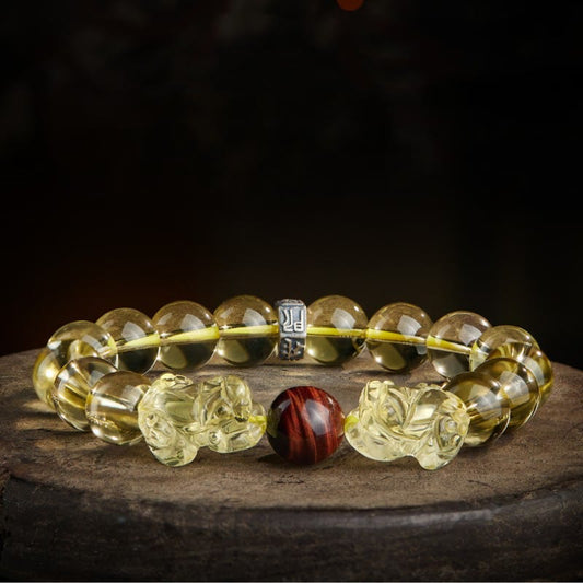 Golden Energy Citrine Natural Wealth Solar Plexus Chakra (Third Chakra) Double PiXiu Tiger Eye Prosperity Protection Bracelet