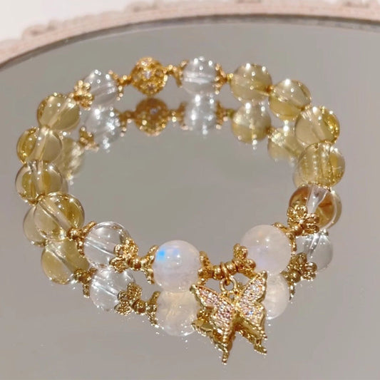 Golden Energy Citrine Wealth Solar Plexus Chakra (Third Chakra) Moonstone Butterfly Charm Prosperity Protection Bracelet