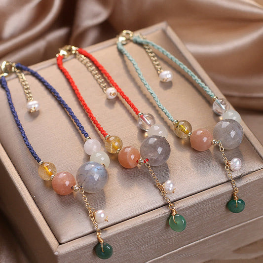 Ancient Tibetan Buddhist Red String Tradition Moonstone Sunstone Beads Peace Buckle Charm Healing Bracelet