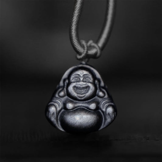 Spirituality Buddha Karma Natural Silver Sheen Obsidian Laughing Buddha Protection Necklace Pendant
