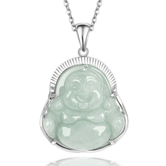 Jade 925 Sterling Silver Laughing Buddha Jade Luck Calm Necklace Chain Pendant