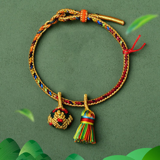 Ancient Tibetan Buddhist Red String Tradition Colorful Rope Luck Handmade Zongzi Golden Ball Charm Bracelet