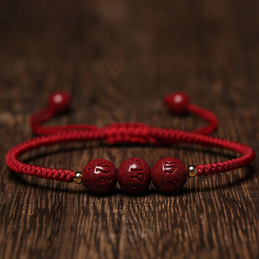 Ancient Tibetan Buddhist Red String Tradition Handmade Cinnabar Om Mani Padme Hum Engraved Beads Blessing Braided Bracelet