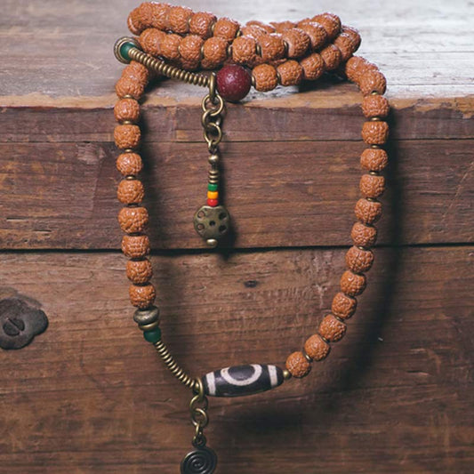 Spirituality Buddha Karma 108 Mala Rudraksha Beads Bodhi Seed Dzi Bead Luck Auspiciousness Tassel Bracelet