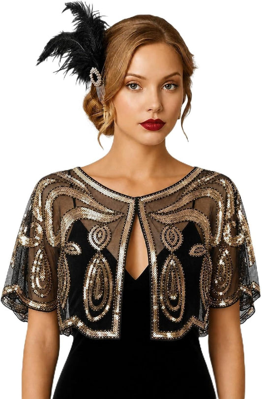 1920s Gatsby Vintage Sequin Beaded Mesh Shawl for Women, Elegant Bolero Cape Wrap, Beaded Evening Jacket, Wedding & Cocktail Dress Cover Up