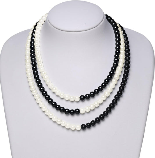 Round Imitation Pearl Necklace Vintage Multi Strands Necklace 20s Flapper Necklace for Party (Black and White)
