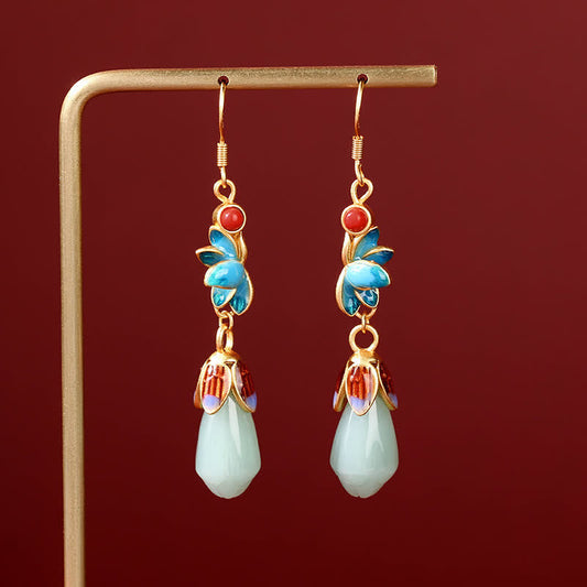 Jade Magnolia Flower Jade Pattern Luck Prosperity Drop Dangle Earrings