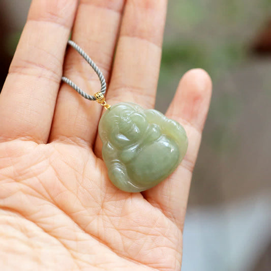 Jade 18K Gold Laughing Buddha Jade Abundance Necklace String Pendant