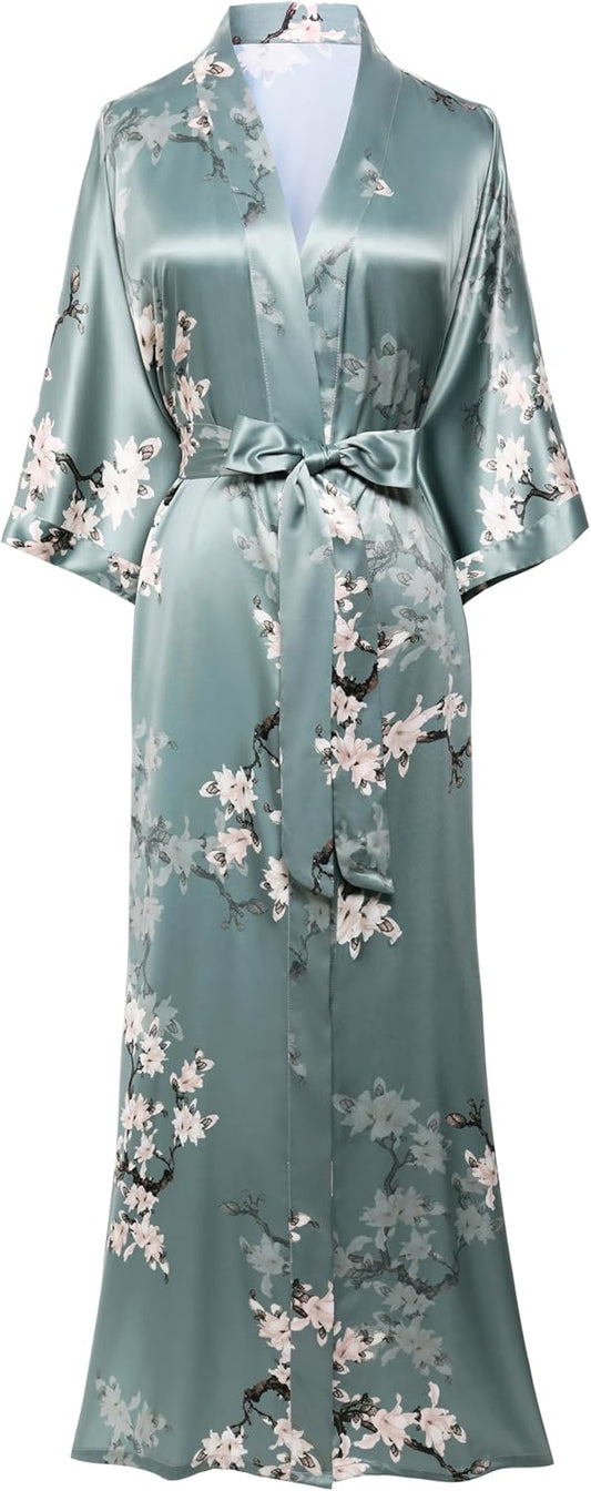 Floral Kimono Robe - Satin Silk Wedding 1920s Women Nightgown Sleepwear - 53 Inches Long
