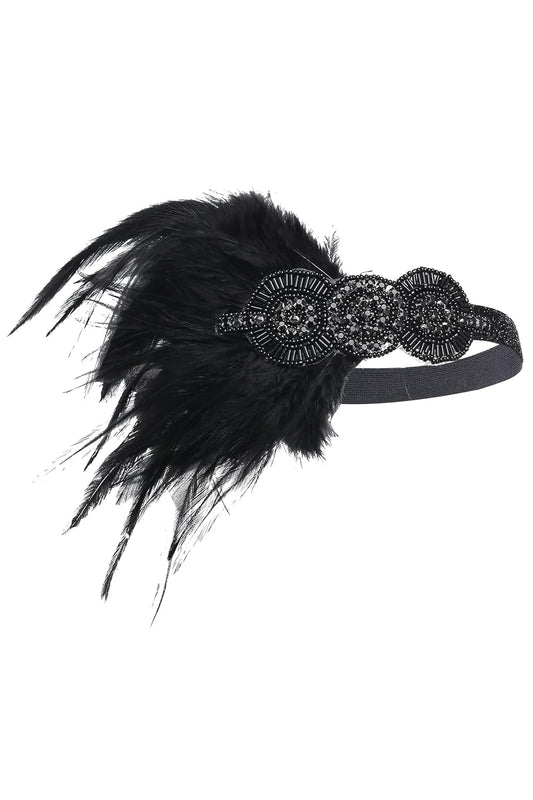 1920s Flapper Headpiece Roaring 20s Great Gatsby Headband Vintage Feather Headband 1920s Flapper Gatsby Hair Accessories for Party (Black)