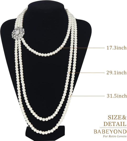 1920s Gatsby Pearl Necklace Vintage Bridal Pearl Necklace Earrings Jewelry Set Multilayer Imitation Pearl Necklace with Brooch