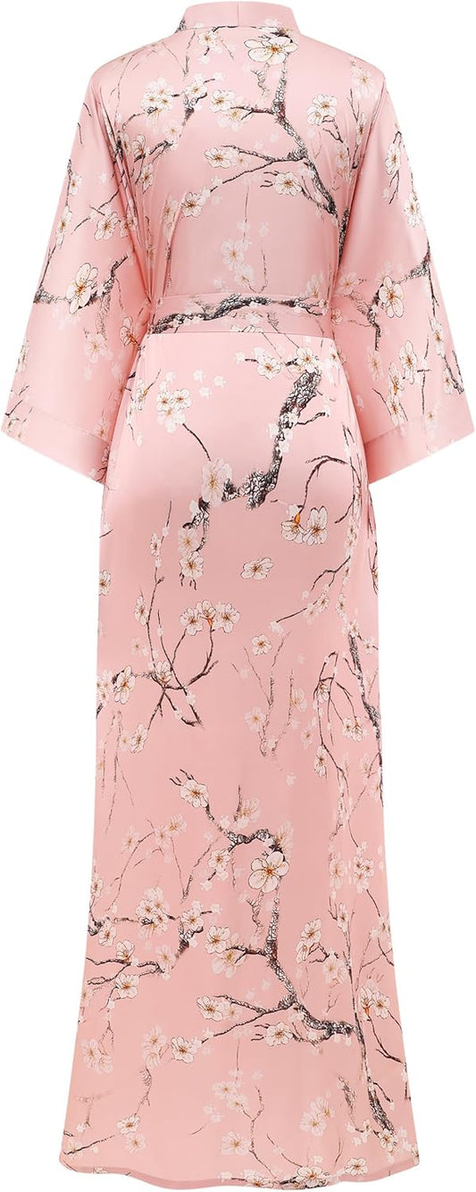 Floral Kimono Robe Satin Silky Wedding Robe Lightweight Long Kimono Nightgown Sleepwear
