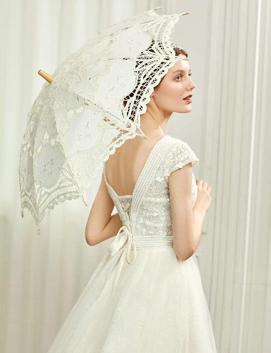Lace Umbrella Parasol Vintage Wedding Bridal Umbrella for Decoration Photo Lady Costume 1920s Party (Apricot)