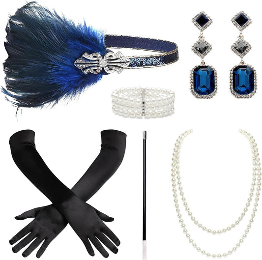 1920s Flapper Accessories Gatsby Costume Accessories Set 20s Flapper Headband Pearl Necklace Gloves Plastic Holder