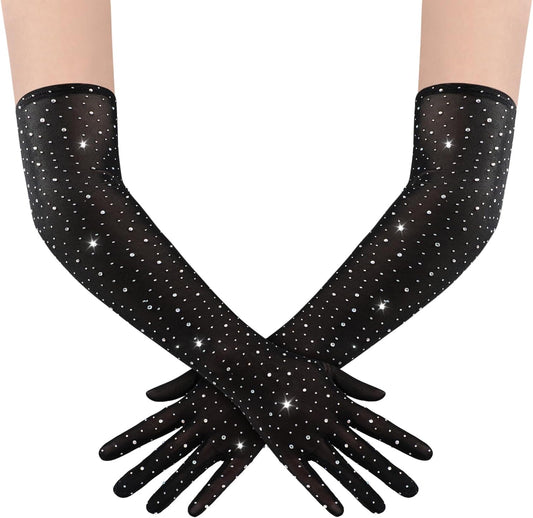 Mesh Gloves for Women - Long Rhinestone Tulle Sheer Sparkly Elbow Length Stretchy Accessory for Opera Party
