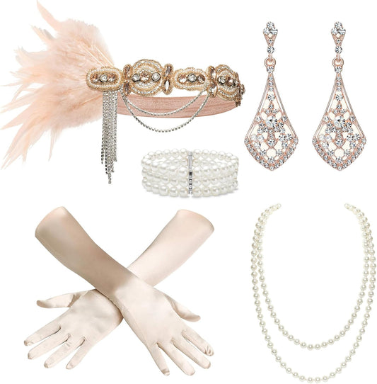 1920s Flapper Accessories Gatsby Costume Accessories Set 20s Flapper Headband Pearl Necklace Gloves