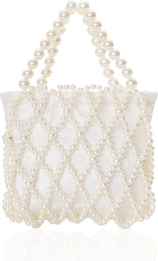 Women Pearl Clutch Purse - Bucket Beaded Bridal Evening Bag Formal Reticulated Bag with Inner Bag for Party Wedding