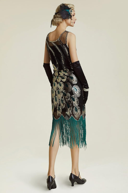 20's Vintage Peacock Sequin Fringed Party Flapper Dress