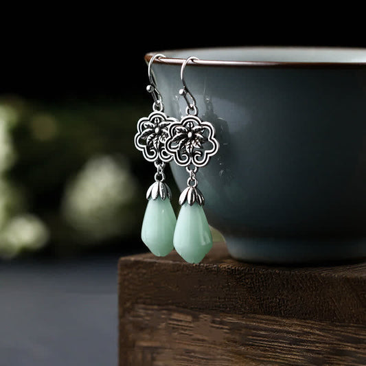 Jade Magnolia Flower Jade Water Drop Prosperity Dangle Earrings