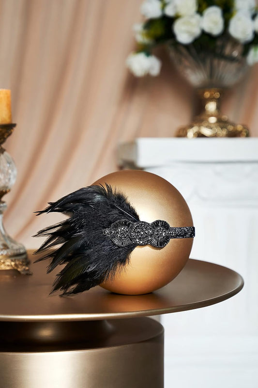 1920s Flapper Headpiece Roaring 20s Great Gatsby Headband Vintage Feather Headband 1920s Flapper Gatsby Hair Accessories for Party (Black)